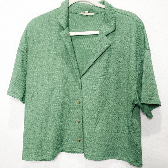 Madewell Crinkle-knit Button Front Trellis Green Top Floral Shaped Buttons NJ769 - Picture 4 of 8